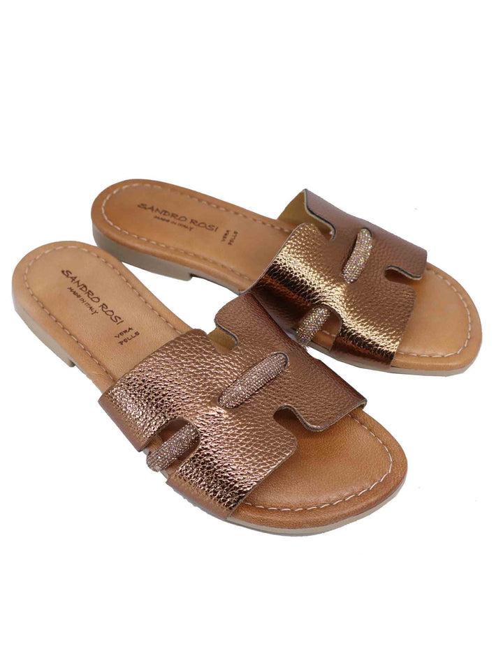 Spatarella Sandali flat donna in pelle laminata bronzo con stass Vendita