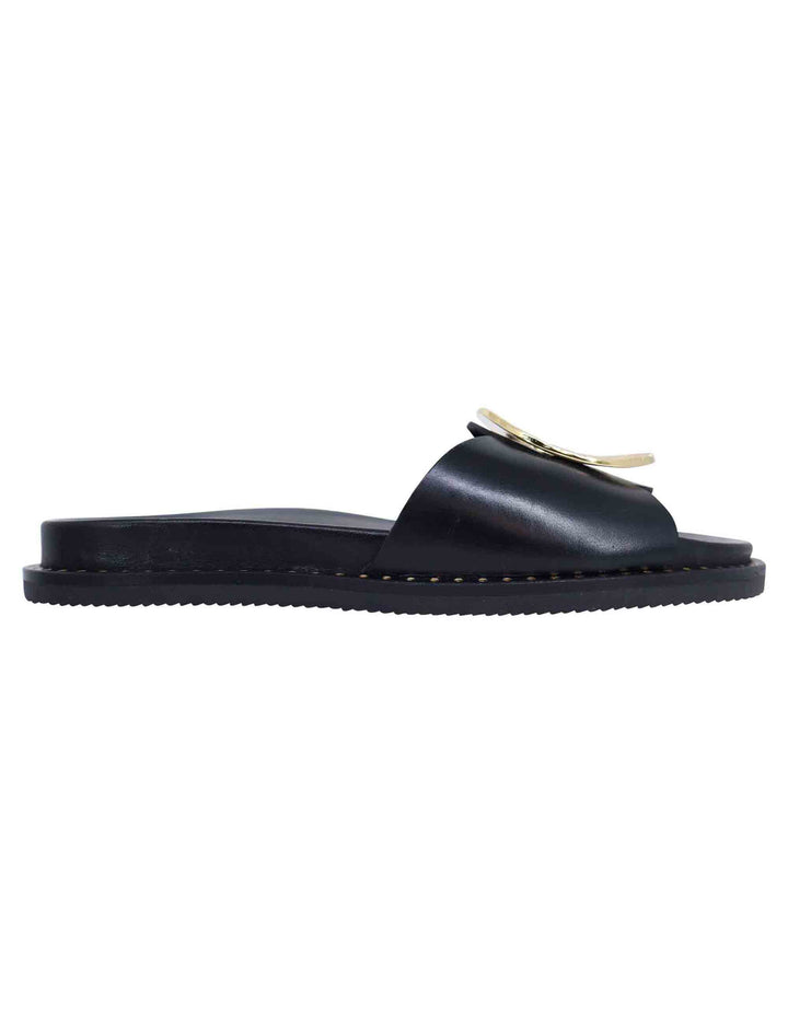 Spatarella Sandali donna flat in pelle nera con fussbett e fibbia in oro Pezzi Unici