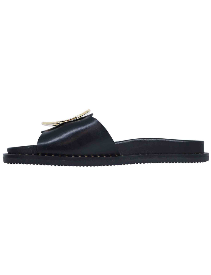 Spatarella Sandali donna flat in pelle nera con fussbett e fibbia in oro Pezzi Unici