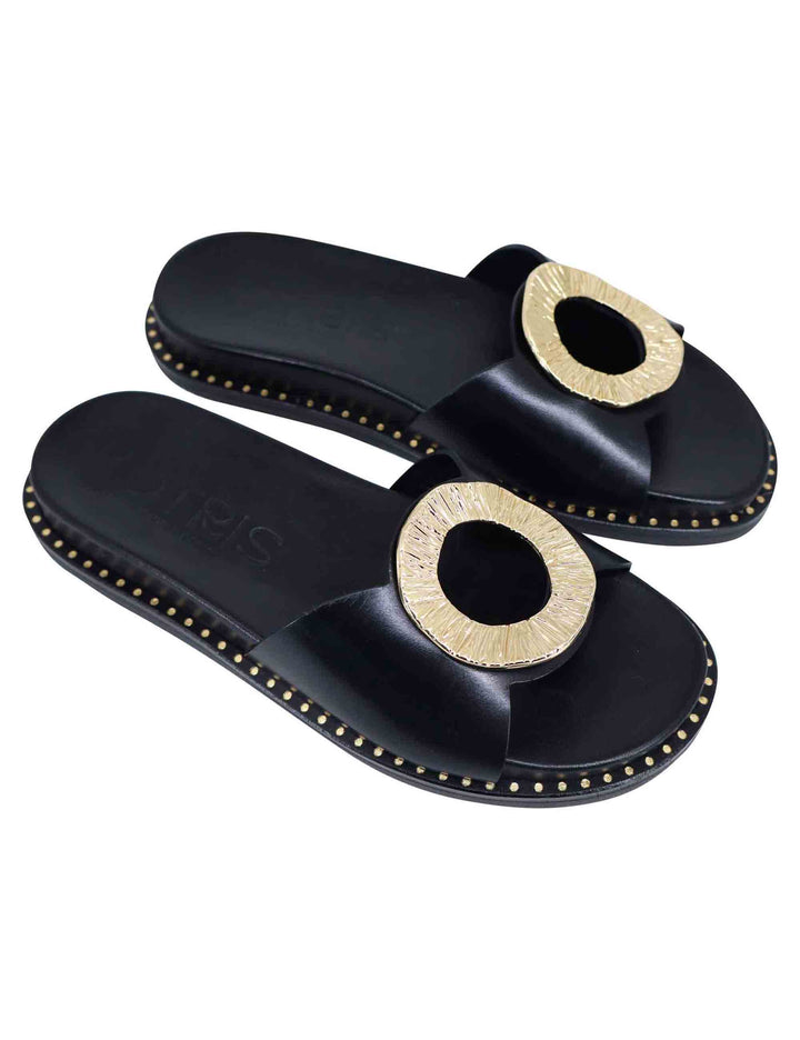 Spatarella Sandali donna flat in pelle nera con fussbett e fibbia in oro Pezzi Unici