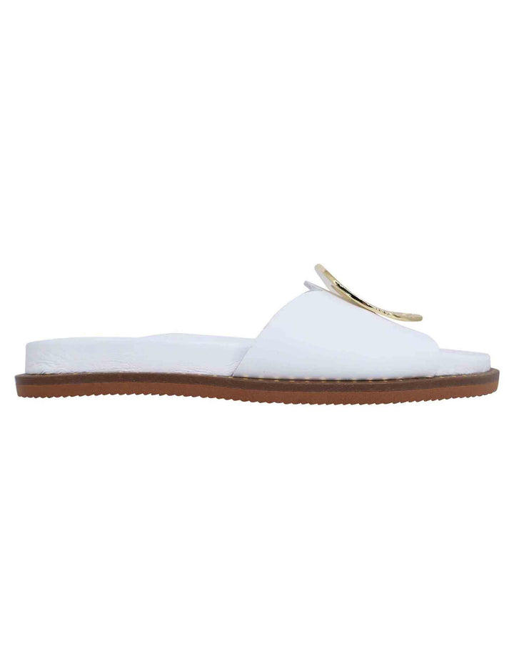 Spatarella Sandali donna flat in pelle bianca con fussbett e fibbia in oro I Più Venduti