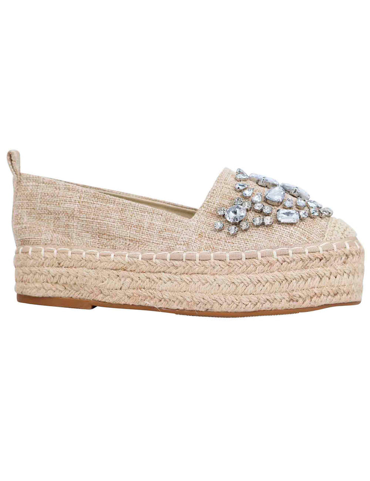 Spatarella Espadrillas donna in tessuto beige con strass e suola alta in corda Negozio