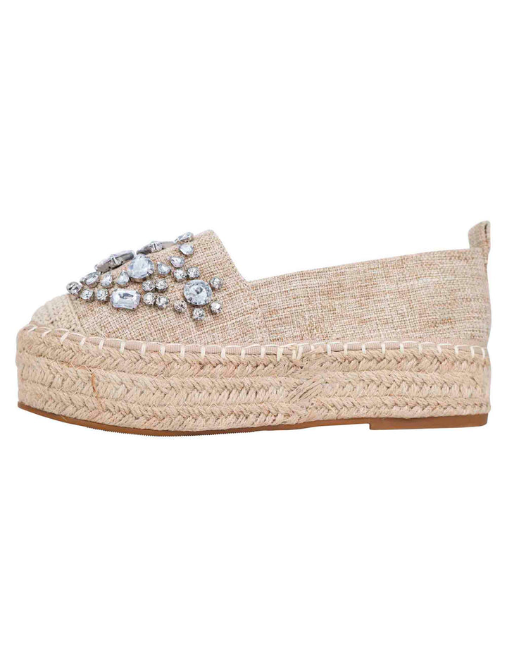 Spatarella Espadrillas donna in tessuto beige con strass e suola alta in corda Negozio