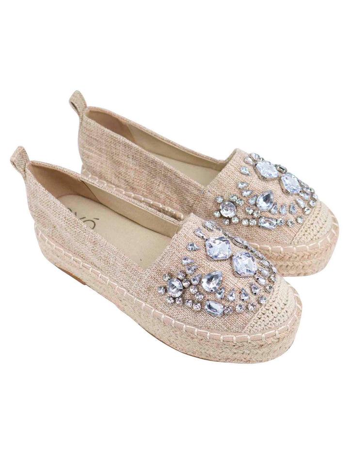 Spatarella Espadrillas donna in tessuto beige con strass e suola alta in corda Negozio