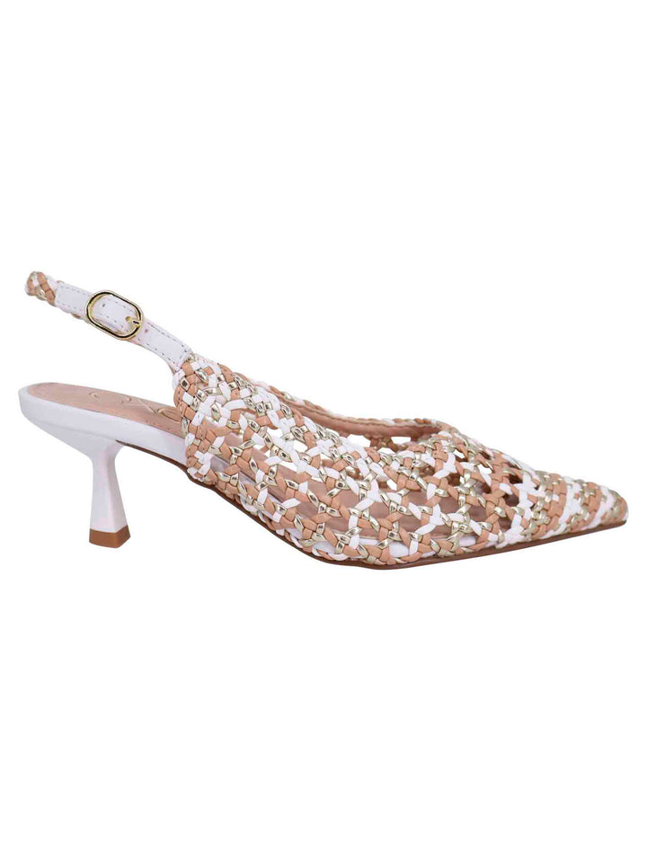 Spatarella Decollete slingback donna in eco pelle laminata bronzo multicolore con tacco bianco Offerta speciale della fabbrica