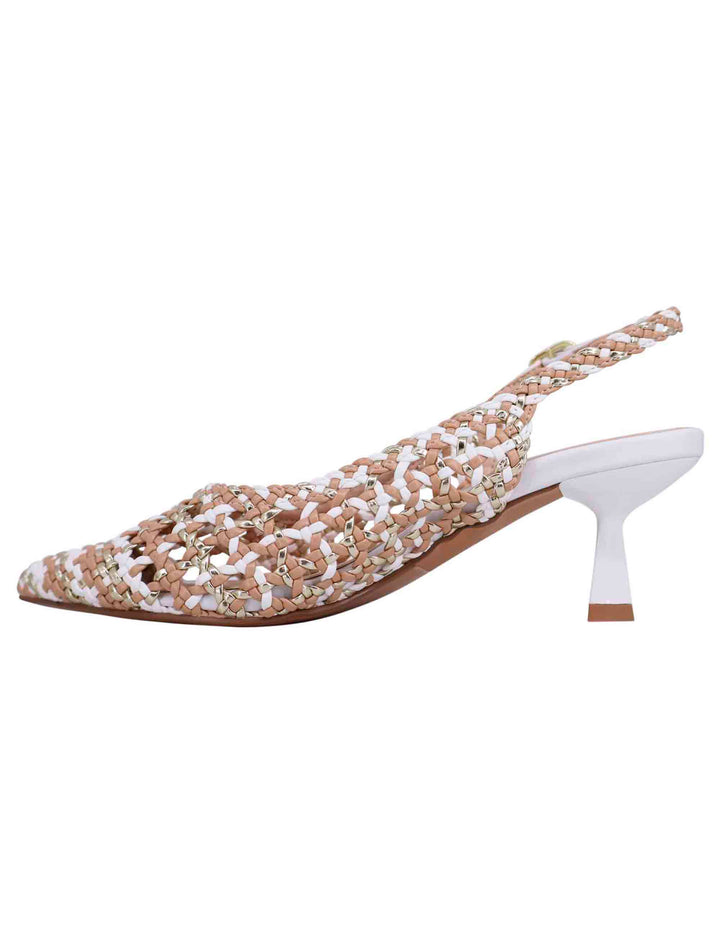 Spatarella Decollete slingback donna in eco pelle laminata bronzo multicolore con tacco bianco Offerta speciale della fabbrica