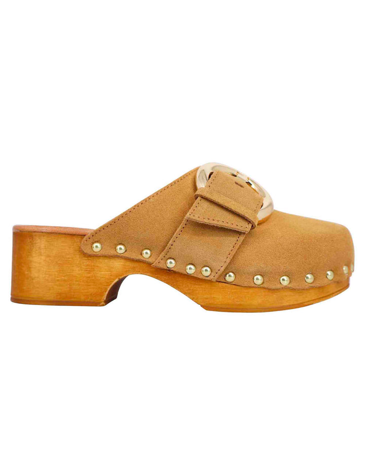 Spatarella Sabot donna in camoscio beige con fibbia laterale e tacco basso in legno Nuova
