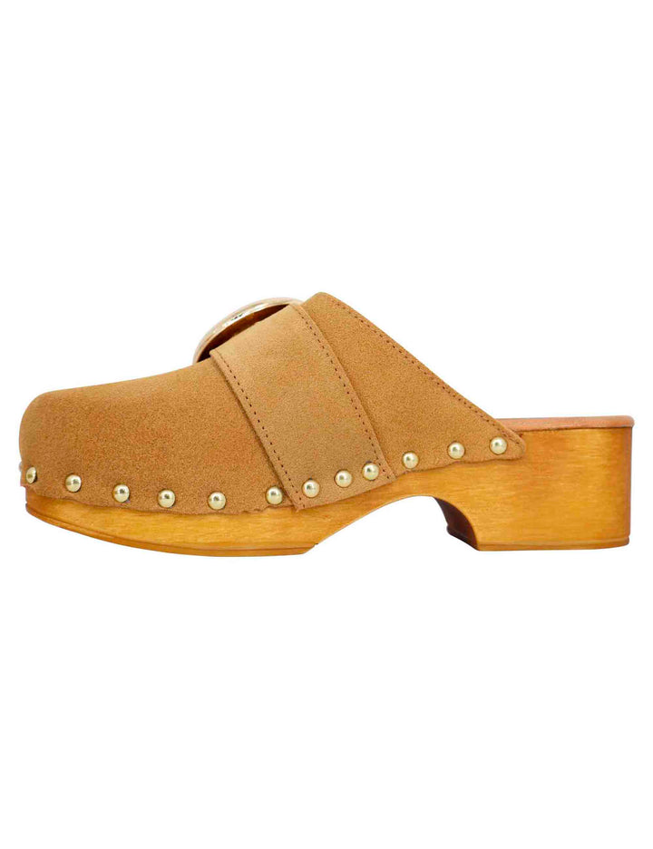 Spatarella Sabot donna in camoscio beige con fibbia laterale e tacco basso in legno Nuova