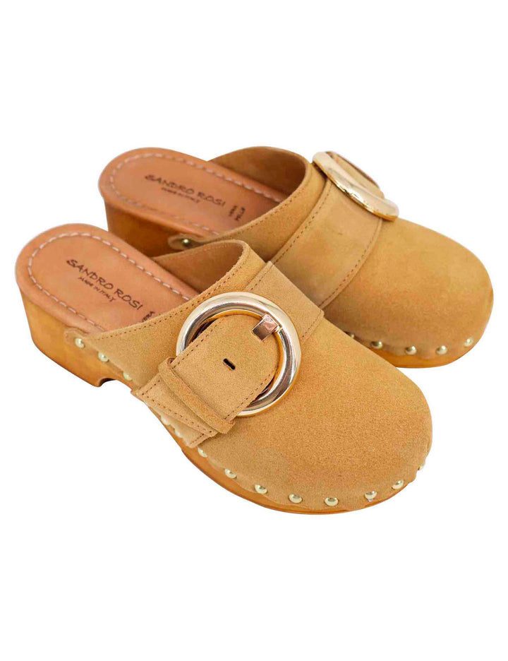 Spatarella Sabot donna in camoscio beige con fibbia laterale e tacco basso in legno Nuova