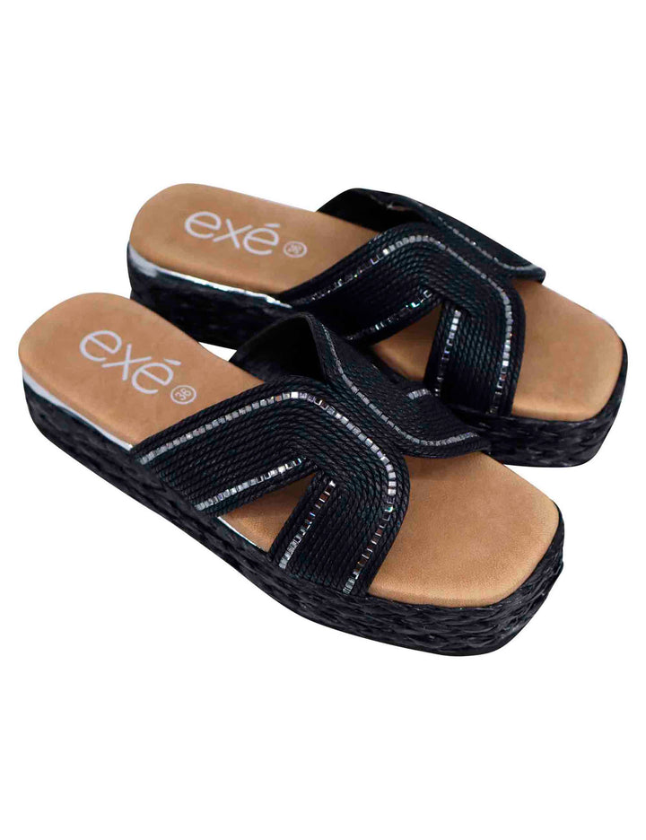 Spatarella Sandali donna in corda nera con rifiniture in argento Moda
