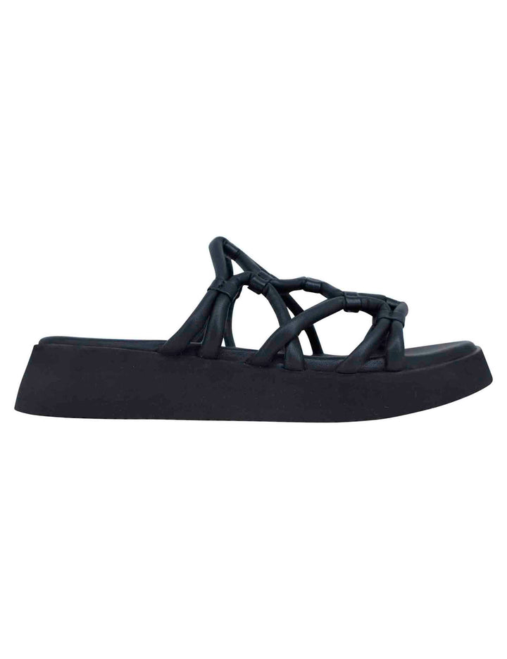 Spatarella Sandali donna in pelle nera con zeppa in gomma Italy
