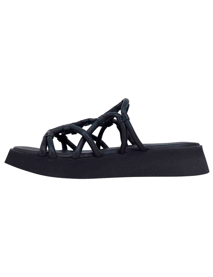 Spatarella Sandali donna in pelle nera con zeppa in gomma Italy