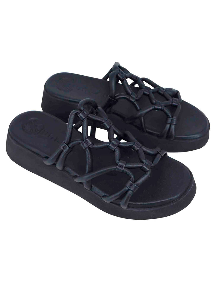 Spatarella Sandali donna in pelle nera con zeppa in gomma Italy