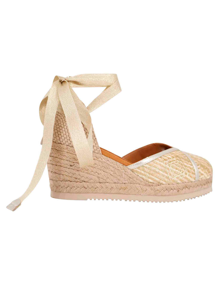 Spatarella Sandali espadrillas donna in tessuto oro e platino con zeppa in corda Italia