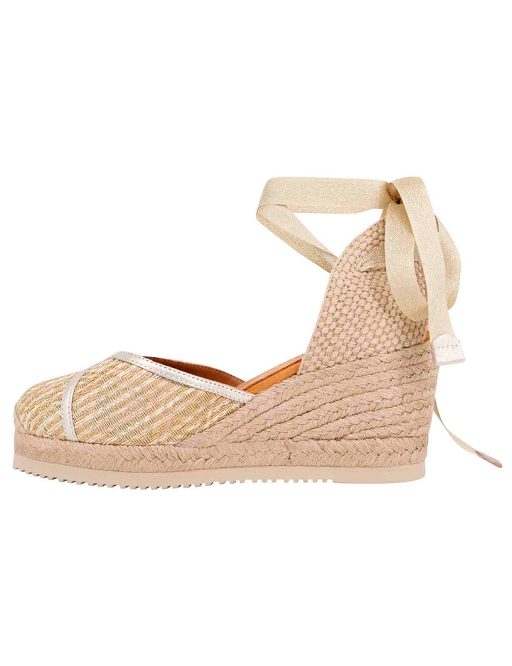 Spatarella Sandali espadrillas donna in tessuto oro e platino con zeppa in corda Italia