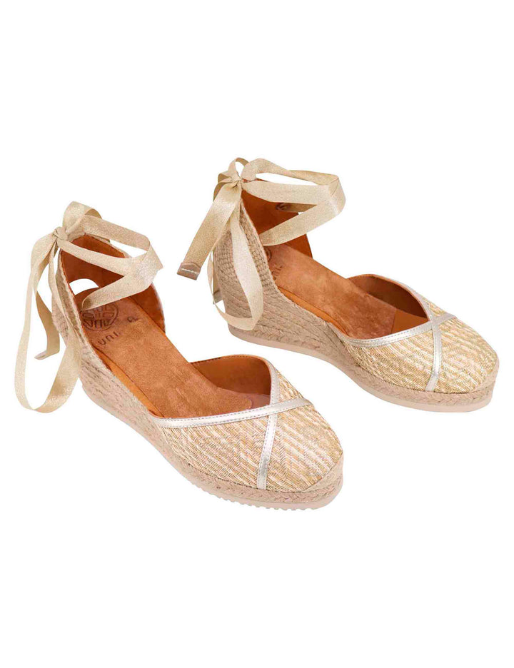 Spatarella Sandali espadrillas donna in tessuto oro e platino con zeppa in corda Italia