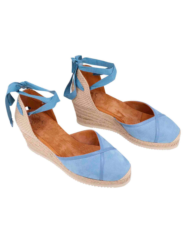 Spatarella Sandali espadrillas donna in camoscio celeste con zeppa in corda Nuovo