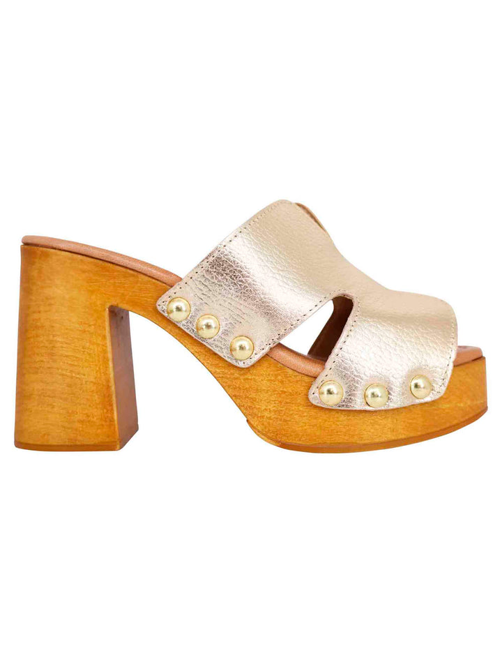 Spatarella Sandali zoccoli donna in pelle platino con fibbie oro e tacco alto Pezzi Unici