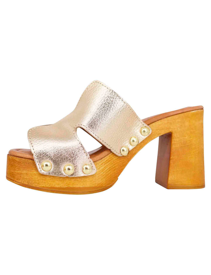 Spatarella Sandali zoccoli donna in pelle platino con fibbie oro e tacco alto Pezzi Unici
