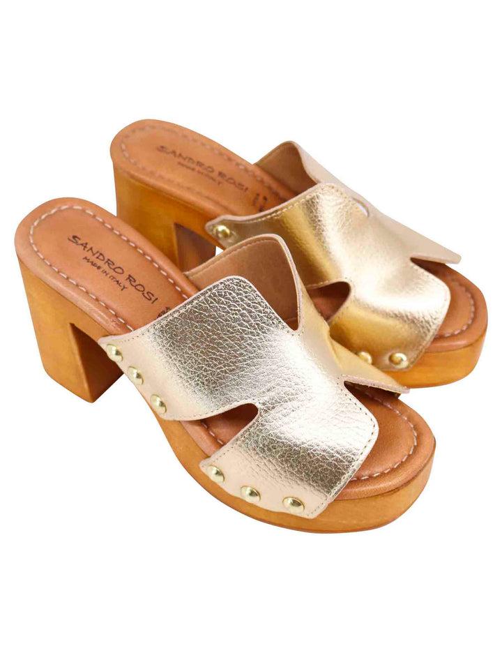 Spatarella Sandali zoccoli donna in pelle platino con fibbie oro e tacco alto Pezzi Unici
