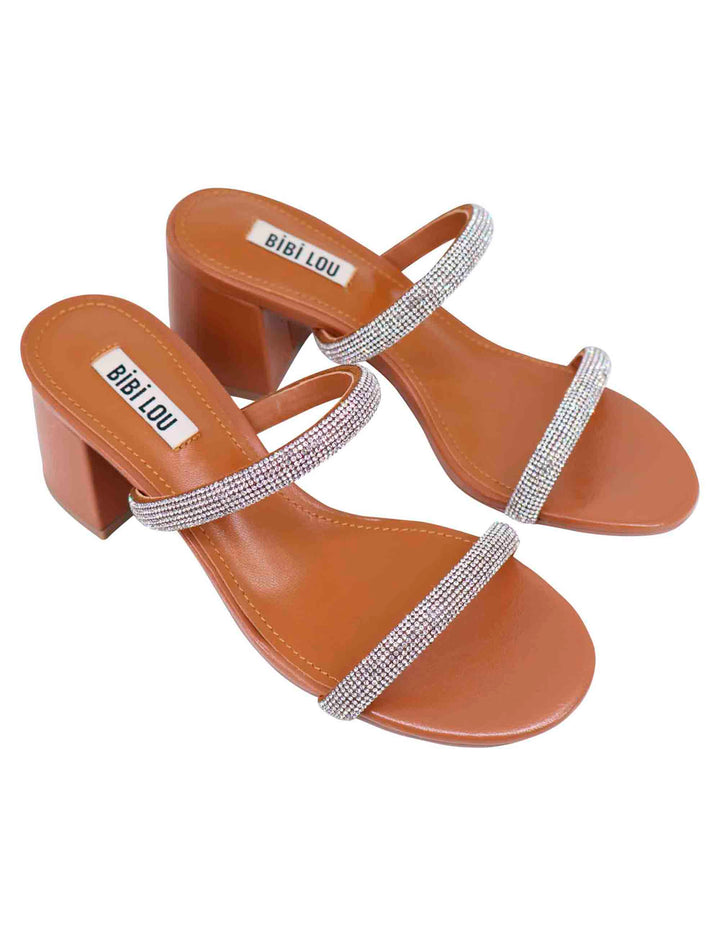 Spatarella Sandali donna in pelle cuoio con fascette in strass e punta tonda Heather Soddisfazione Garantita