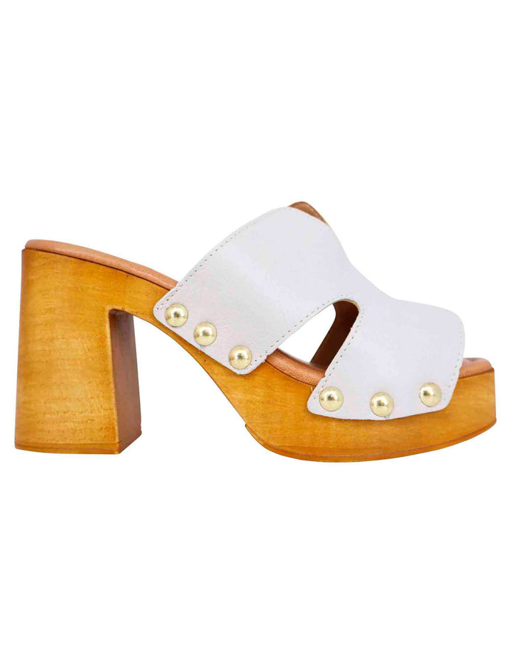 Spatarella Sandali zoccoli donna in pelle bianca con fibbie oro e tacco alto Acquista Ora