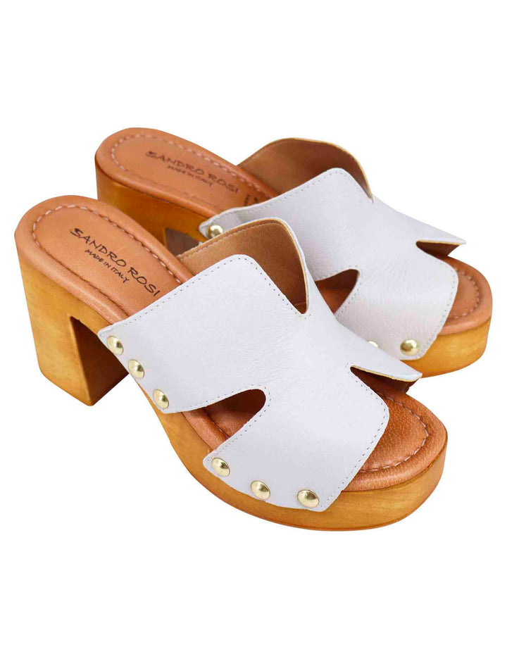 Spatarella Sandali zoccoli donna in pelle bianca con fibbie oro e tacco alto Acquista Ora
