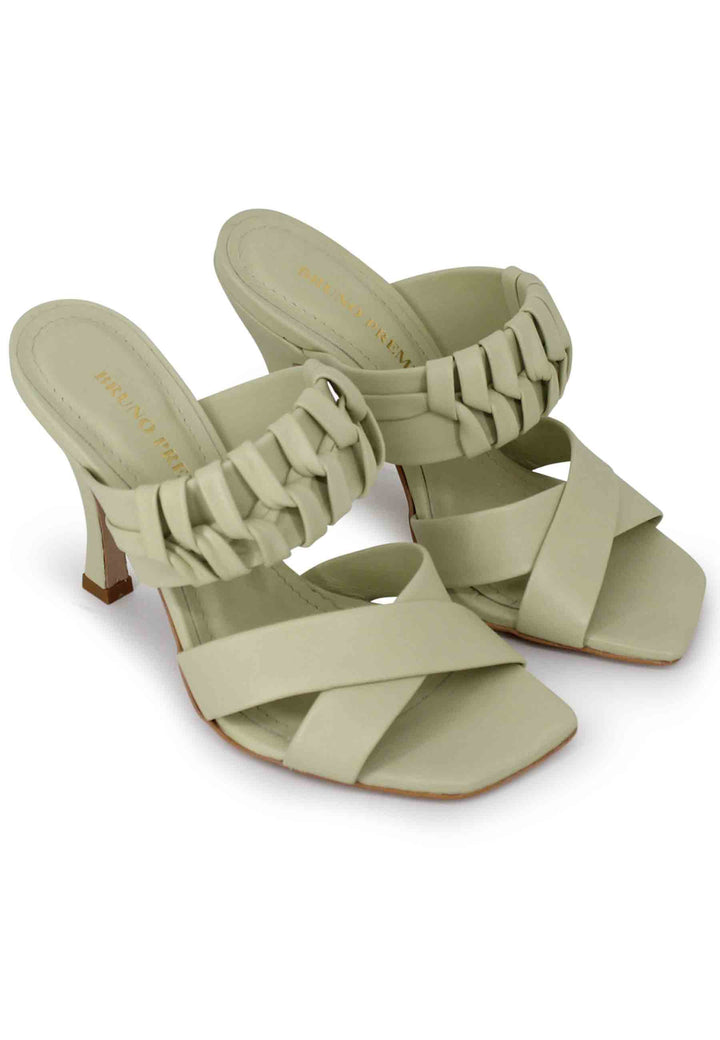 Spatarella Sandali donna in pelle verde con tacco alto e punta quadra In Vendita