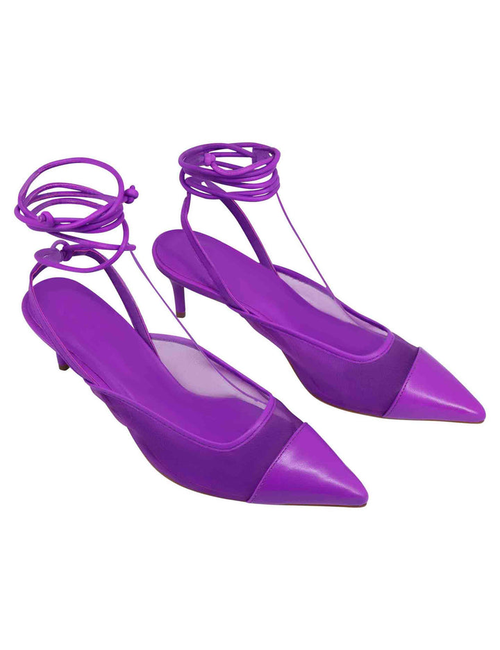 Spatarella Decollete slingback donna in rete e pelle viola con punta a punta e laccetti removibili Shopping online
