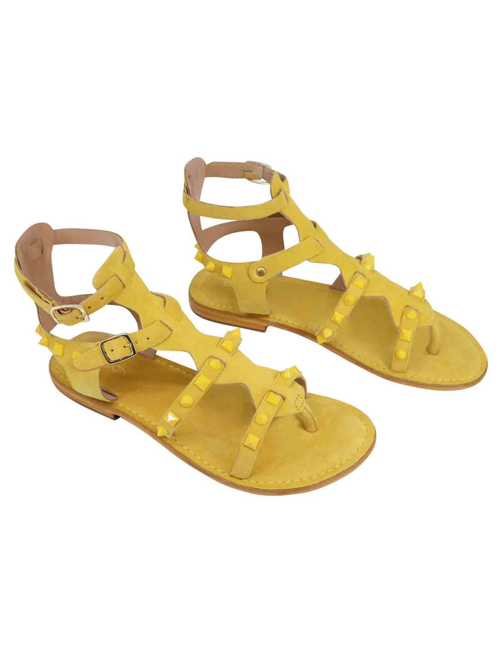 Spatarella Sandali donna gladiatore in camoscio giallo con suola bassa in cuoio Sconto