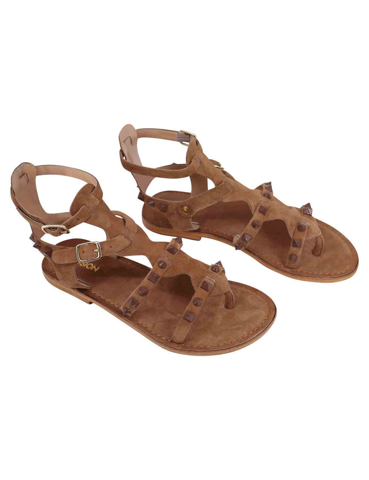 Spatarella Sandali donna gladiatore in camoscio taupe con suola bassa in cuoio Economico