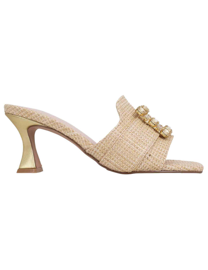 Spatarella Sandali donna in tessuto rafia beige con morsetto e tacco oro Hotsell