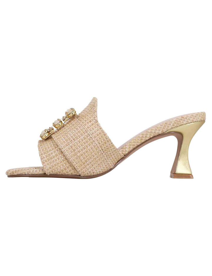 Spatarella Sandali donna in tessuto rafia beige con morsetto e tacco oro Hotsell