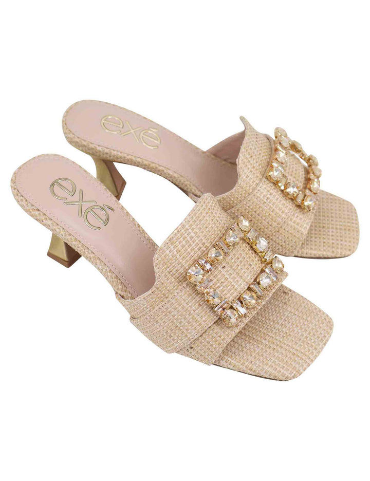 Spatarella Sandali donna in tessuto rafia beige con morsetto e tacco oro Hotsell
