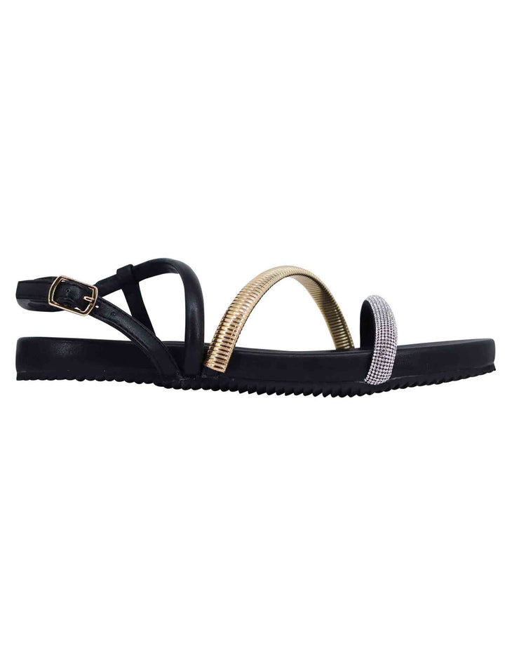 Spatarella Sandali flat donna in eco pelle nera con fussbett e cinturino posteriore Brie Fino Al -60%
