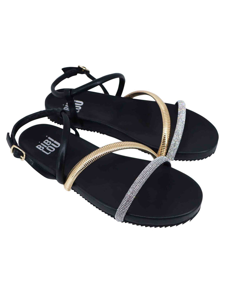 Spatarella Sandali flat donna in eco pelle nera con fussbett e cinturino posteriore Brie Fino Al -60%