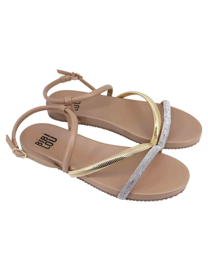 Spatarella Sandali flat donna in eco pelle camel con fussbett e cinturino posteriore Brie Novità