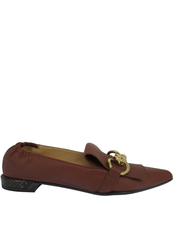 Spatarella Calzature Donna Mocassini In Pelle Cuoio con Frange e Catena Oro Punta a Punta e Tacco Basso Offerte
