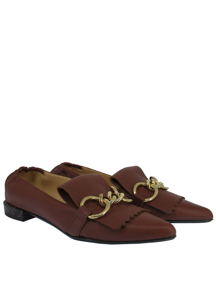 Spatarella Calzature Donna Mocassini In Pelle Cuoio con Frange e Catena Oro Punta a Punta e Tacco Basso Offerte