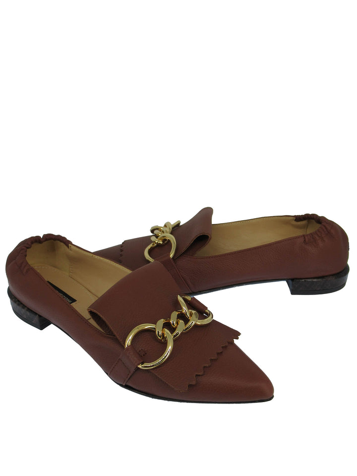 Spatarella Calzature Donna Mocassini In Pelle Cuoio con Frange e Catena Oro Punta a Punta e Tacco Basso Offerte