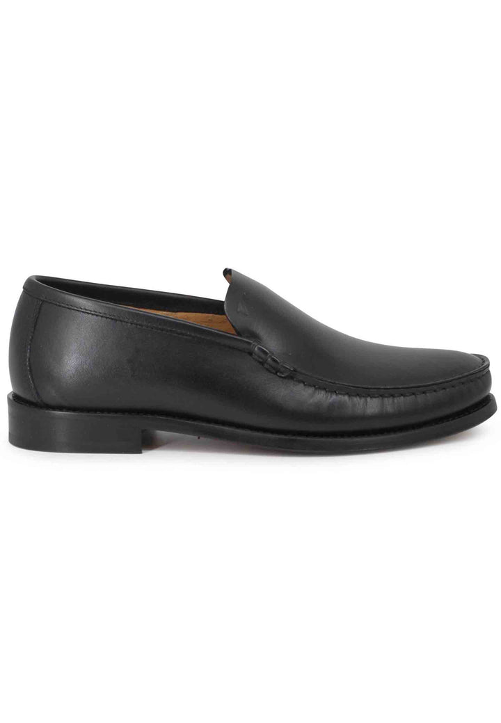 Spatarella Mocassini uomo in pelle nera con patta liscia e suola in cuoio cucita Italia