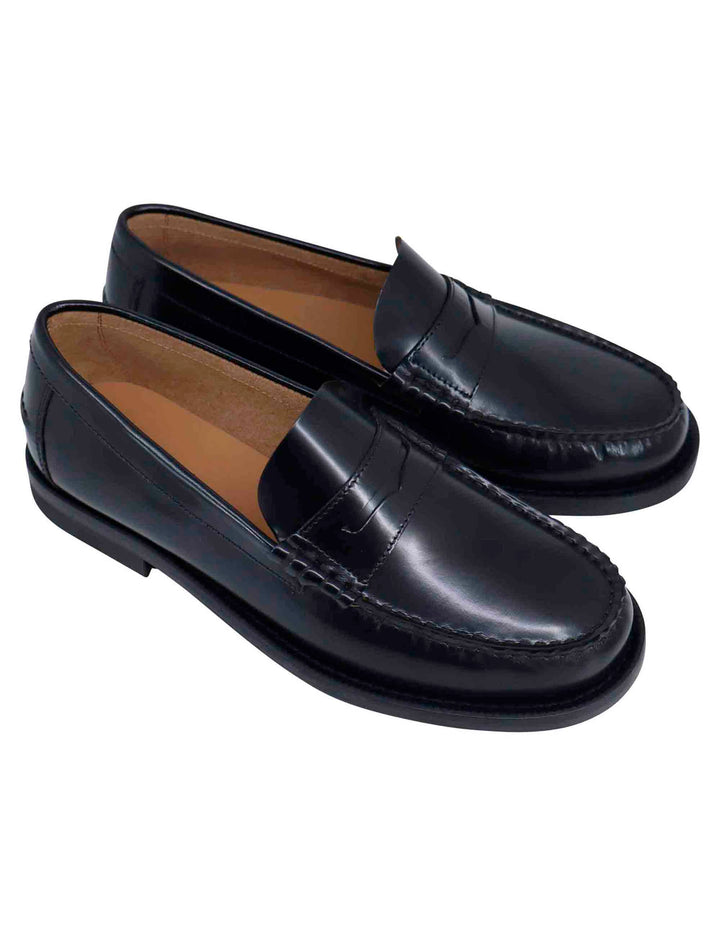 Spatarella Mocassini uomo in pelle nera con suola in cuoio cucita Nuovo