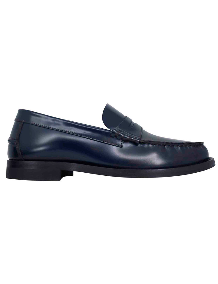 Spatarella Mocassini uomo in pelle blu con suola in cuoio cucita Qualità