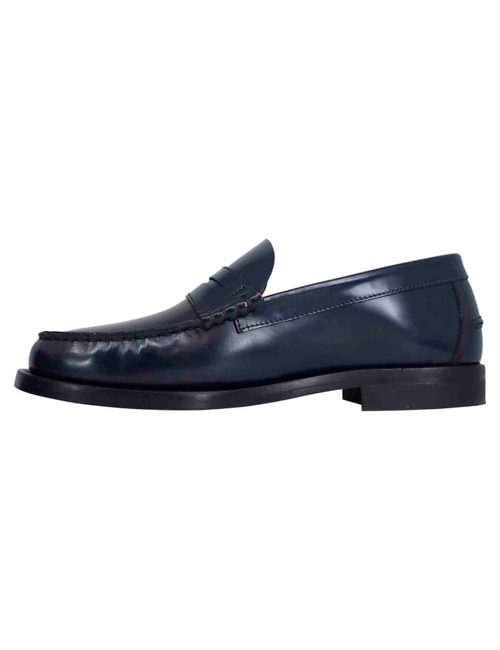 Spatarella Mocassini uomo in pelle blu con suola in cuoio cucita Qualità