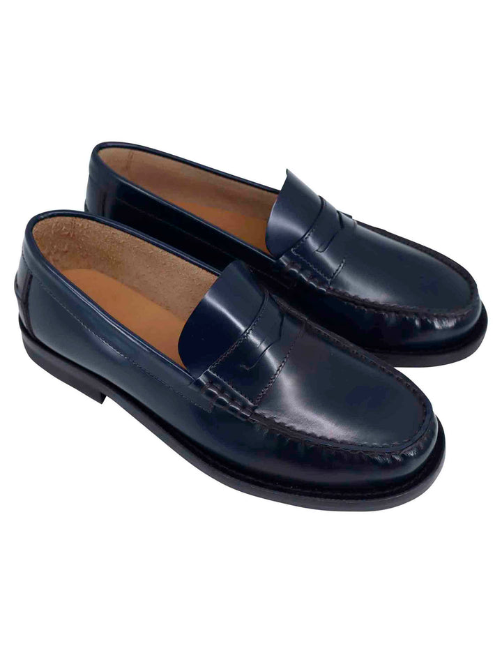Spatarella Mocassini uomo in pelle blu con suola in cuoio cucita Qualità