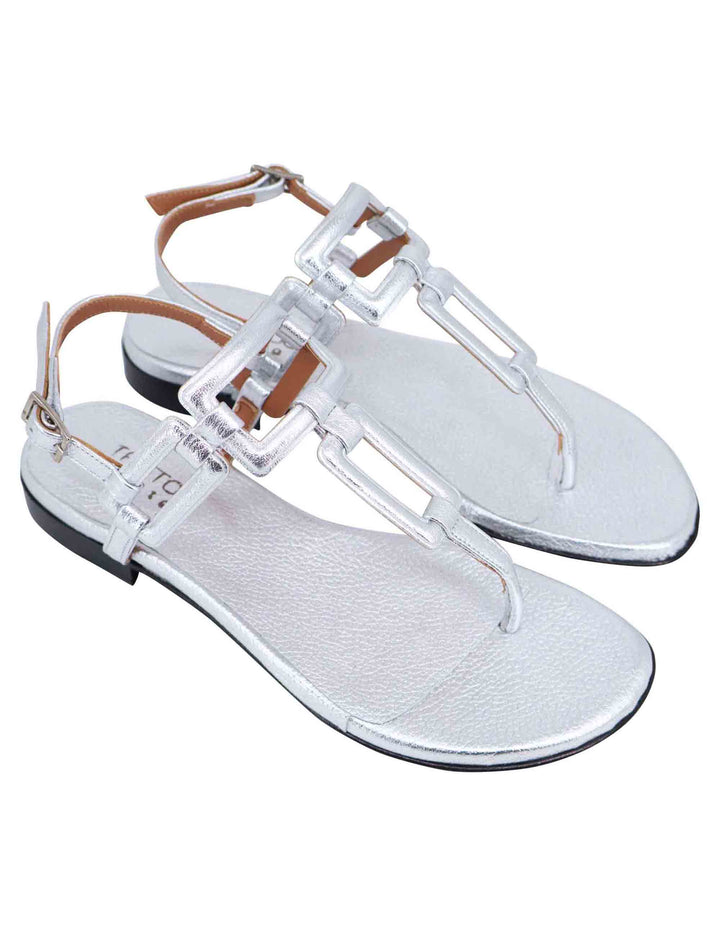 Spatarella Sandali flat slingback infradito donna in pelle laminata argento Outlet