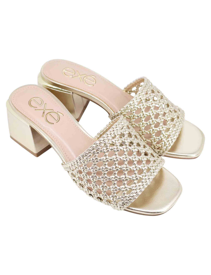 Spatarella Sandali donna in eco pelle oro intrecciata con punta quadra Saldi