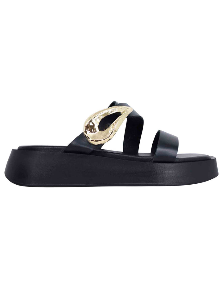 Spatarella Sandali donna in pelle nera con accessorio oro e zeppa in gomma Hotsell