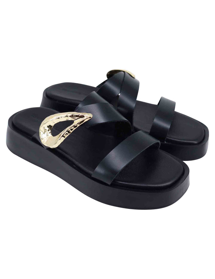 Spatarella Sandali donna in pelle nera con accessorio oro e zeppa in gomma Hotsell