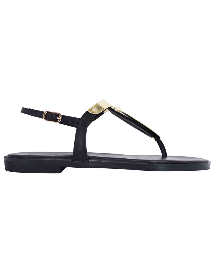 Spatarella Sandali bassi donna infradito in pelle nera con placche in oro Saldi Di Fabbrica